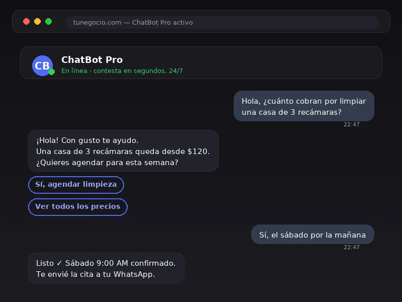 Vista previa del chatbot para negocios de limpieza respondiendo a un cliente
